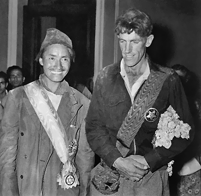 23 Jun 1953, Kathmandu, Nepal --- Tenzing Norgay and Edmund Hillary pose for a portrait after being honored by King Tribhuvana. Norgay was presented with the Nepal Tara and Hillary received the Gurkha Dakshina Bahu. --- Image by © Bettmann/CORBIS